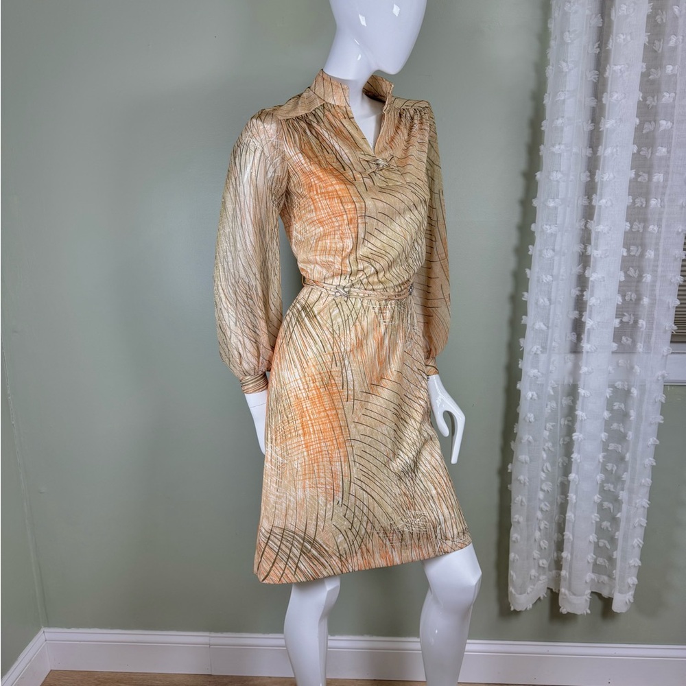 Vintage 1970s Abstract Print Tie Waist Dress | Long Sleeve Earth Tone Midi
